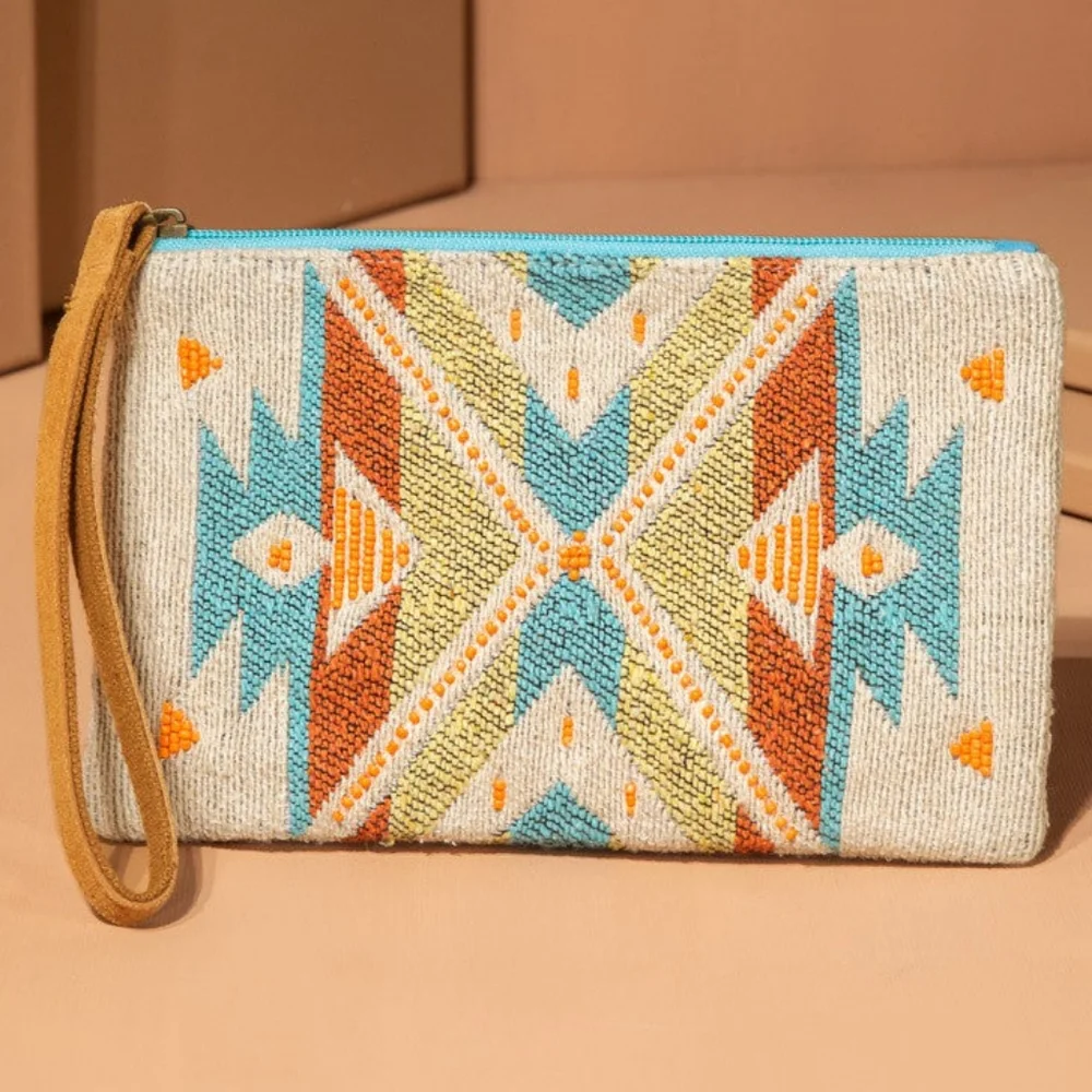 Handmade Hand Beaded Wristlet Clutch - Ethnic Inspired Design - Dyed Fine Cotton - Picture 2 of 6